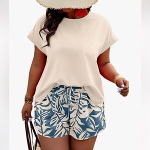 Plus Size XXL Matching Lounge Set Women Beige Top Blue Leaf Shorts Summer Set